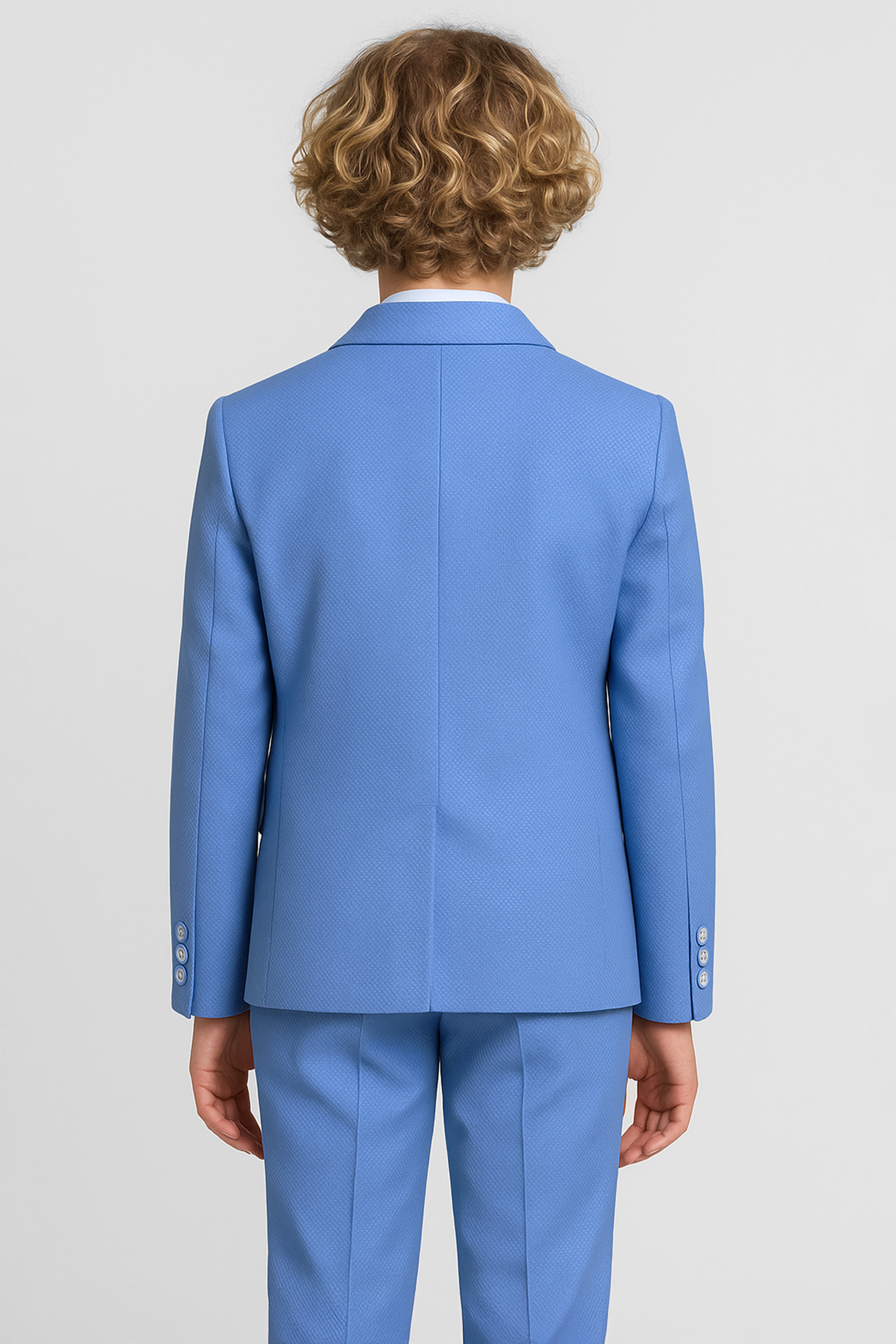 Boys 5-Piece Textured Weave Suit with Double Breasted Waistcoat - Light Blue Back Picture