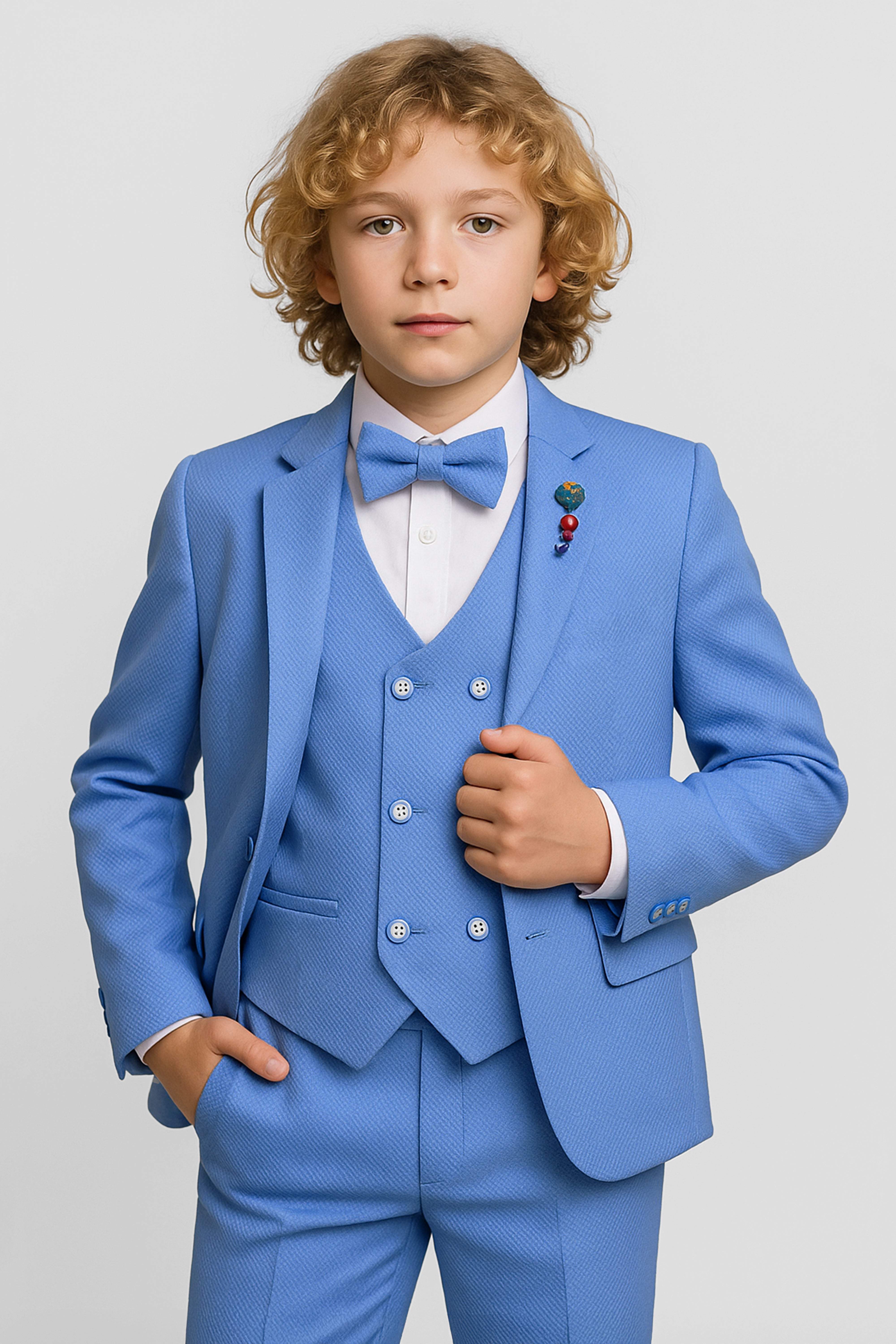 Boys 5-Piece Textured Weave Suit with Double Breasted Waistcoat - Light Blue Front Picture