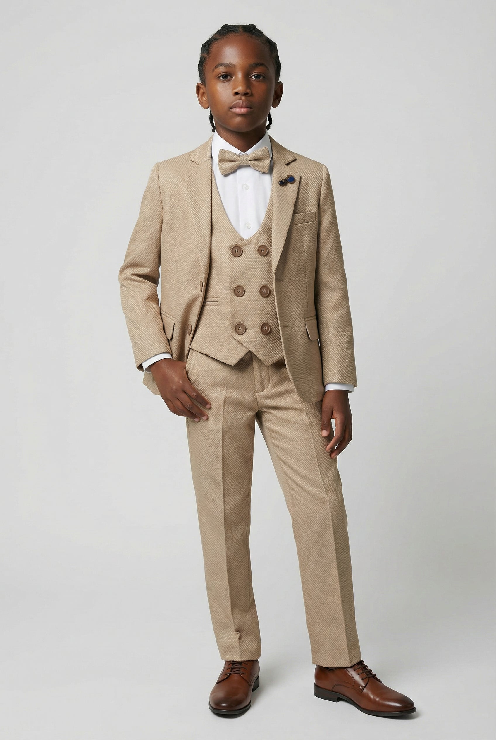 Boys 5-Piece Textured Weave Suit with Double Breasted Waistcoat - Light Brown Front Picture
