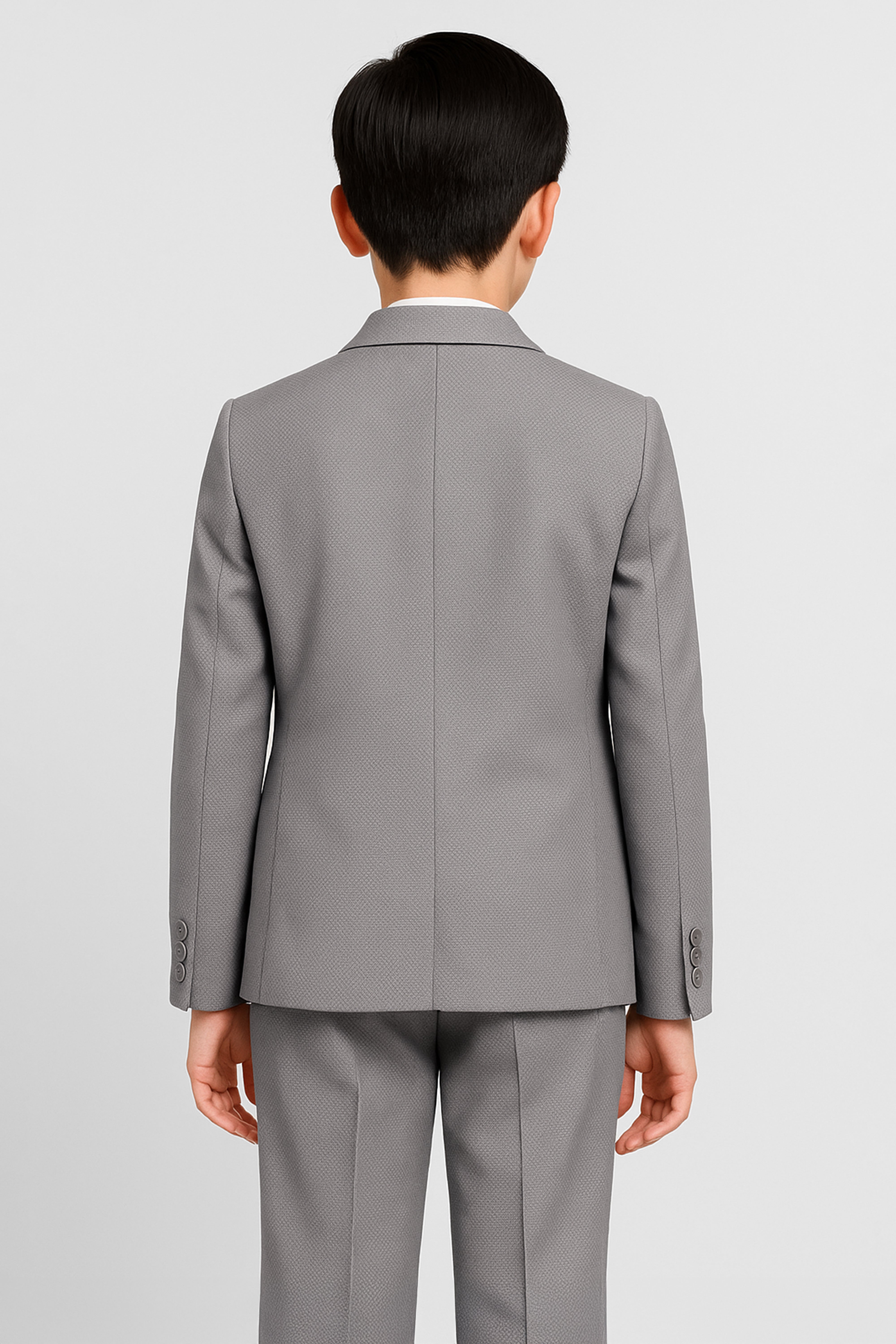Boys 5-Piece Textured Weave Suit with Double Breasted Waistcoat - Light Grey Back Picture