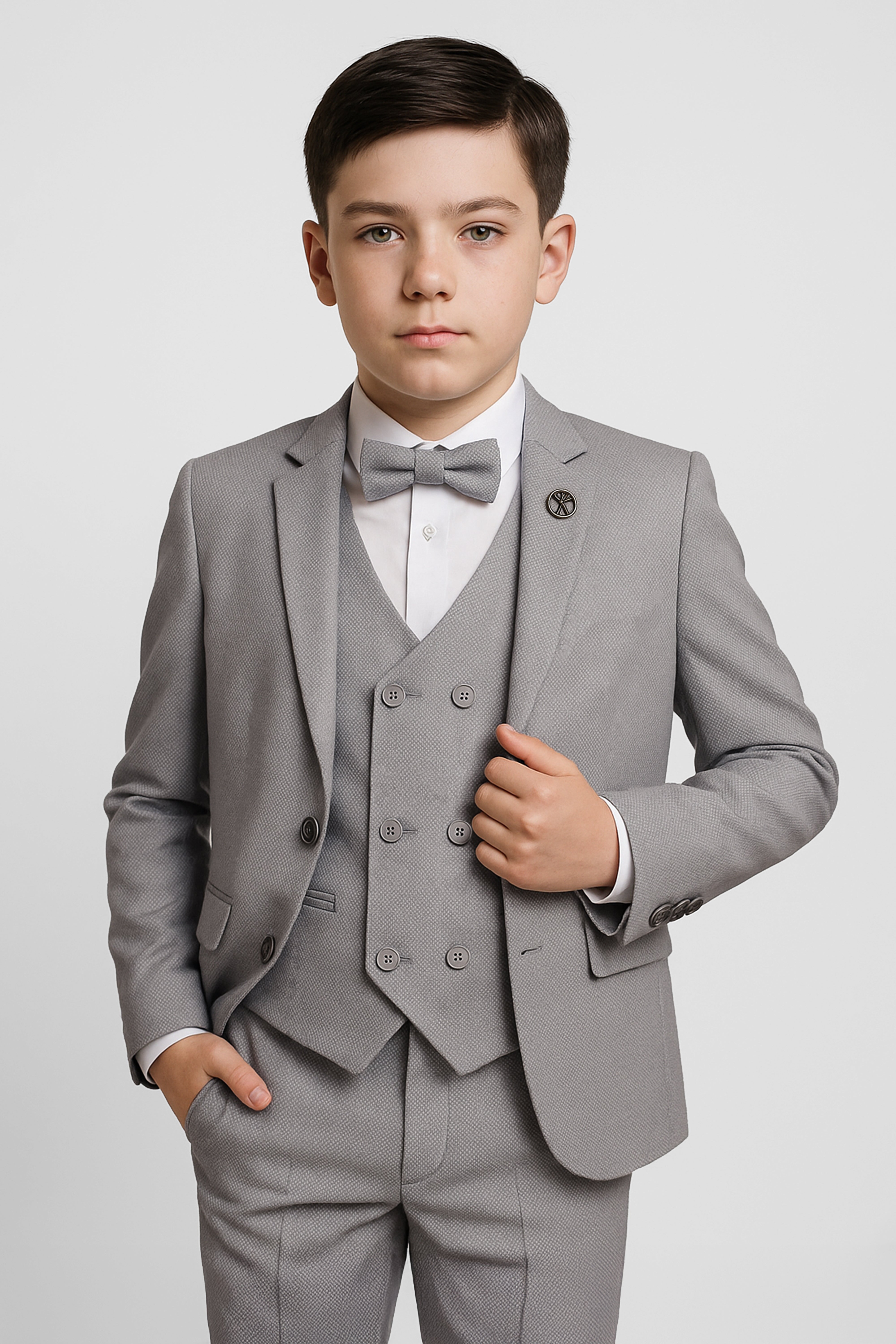 Boys 5-Piece Textured Weave Suit with Double Breasted Waistcoat - Light Grey Front Picture