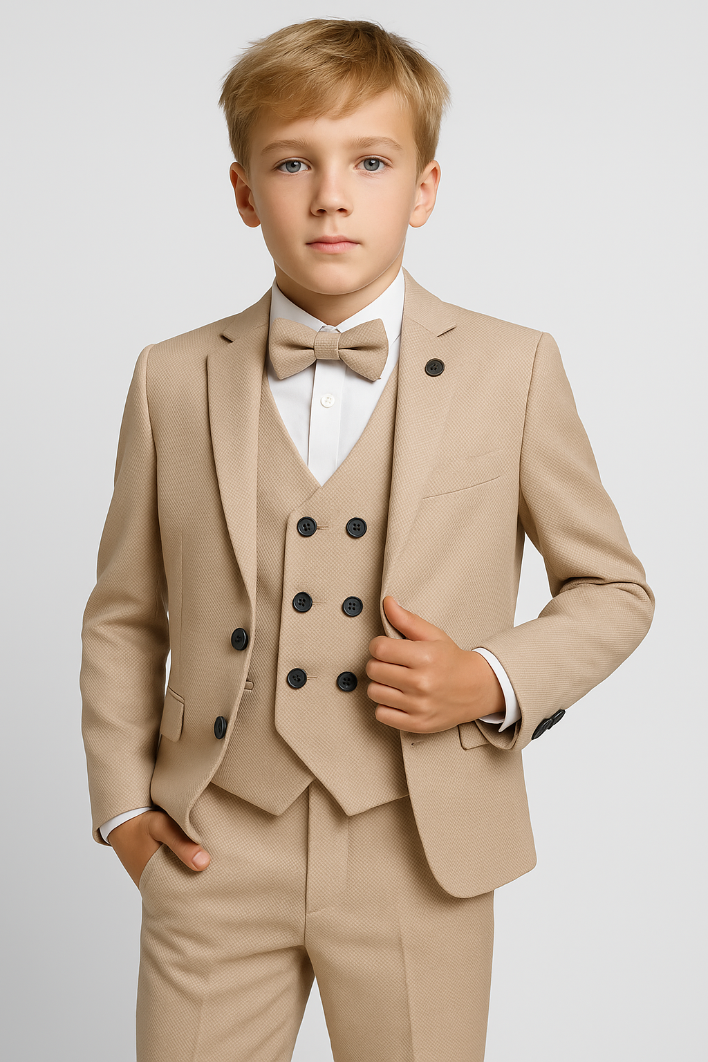Boys 5-Piece Textured Weave Suit with Double Breasted Waistcoat - Tan Brown