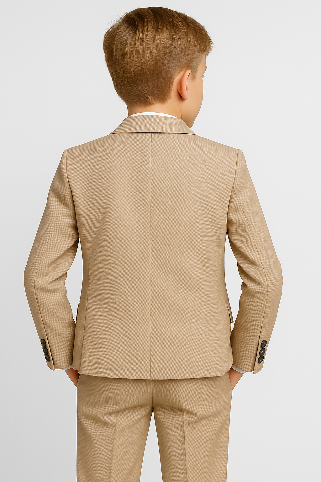 Boys 5-Piece Textured Weave Suit with Double Breasted Waistcoat - Tan Brown Back picture