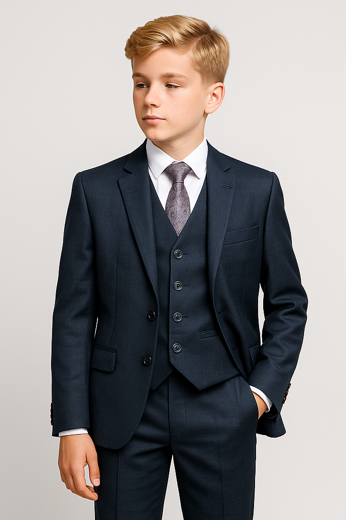 Boys 5-Piece Textured Weave Tailored Fit Suit - LORENZO - Navy Blue Model Picture