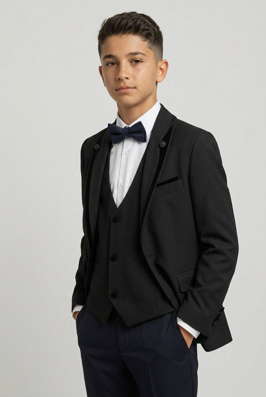 Traje de esmoquin para niños de 5 piezas con cuello chal de terciopelo removible - Negro