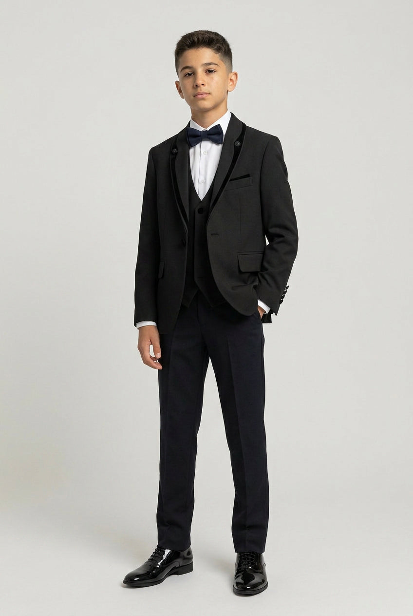 Traje de esmoquin para niños de 5 piezas con cuello chal de terciopelo removible - Negro
