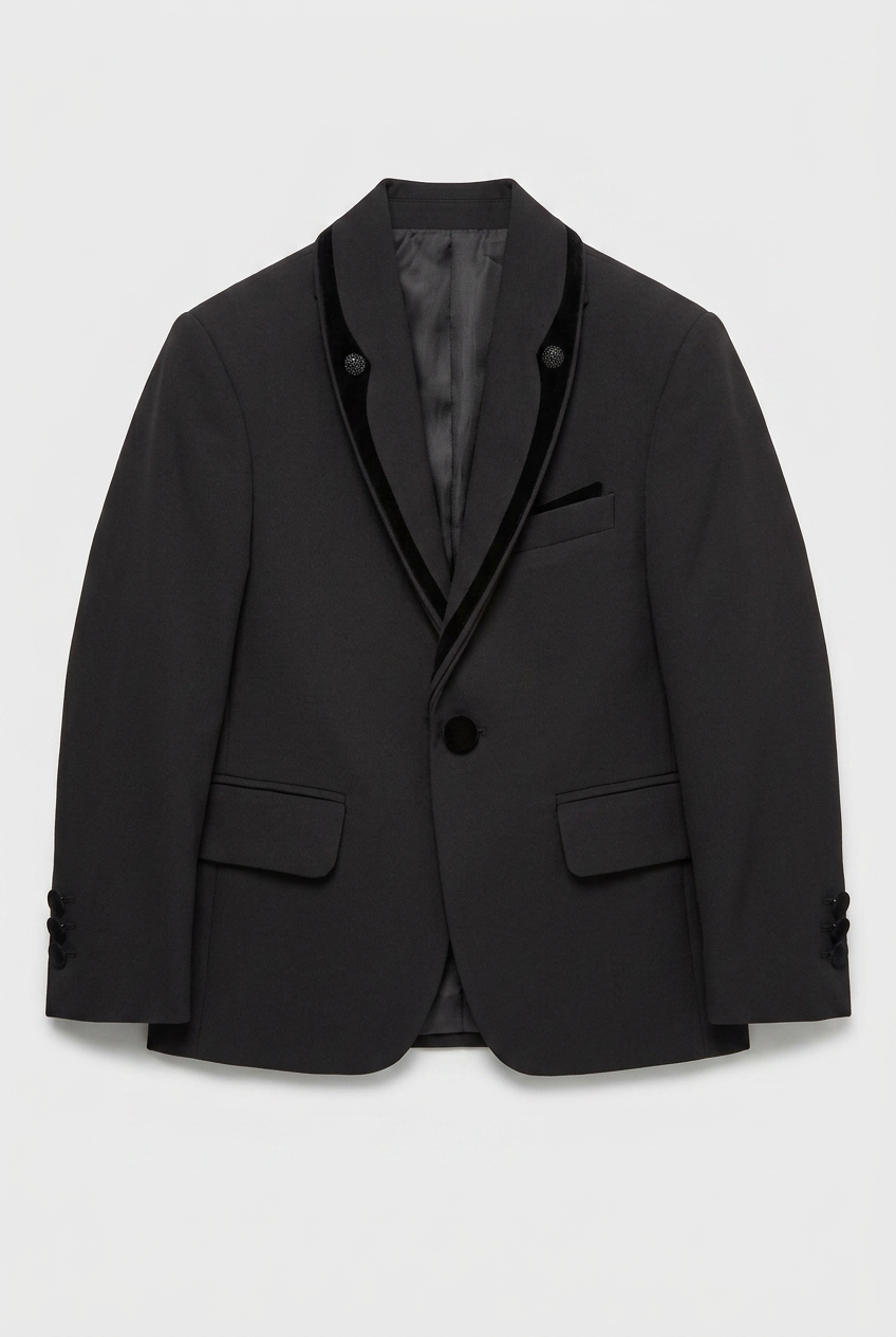 Traje de esmoquin para niños de 5 piezas con cuello chal de terciopelo removible - Negro