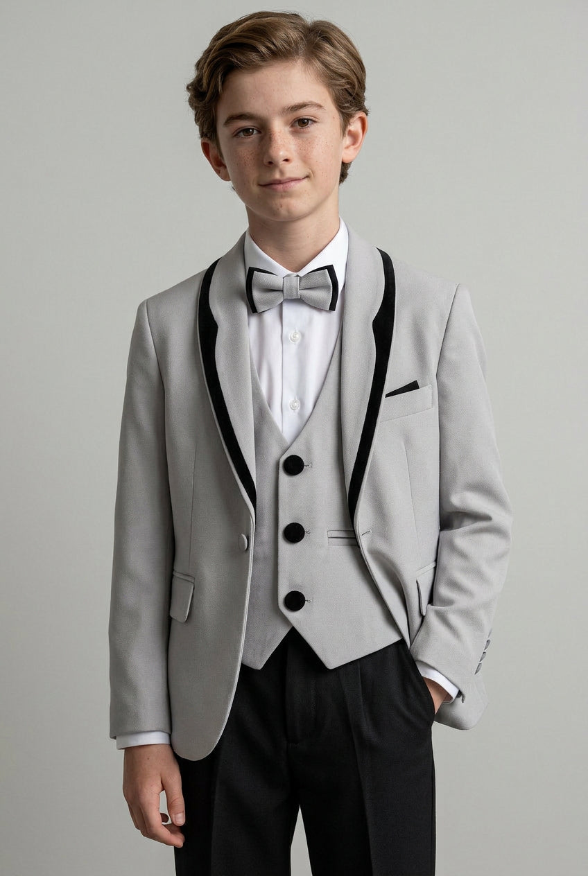 Traje de esmoquin para niños de 5 piezas con cuello chal de terciopelo removible - Gris