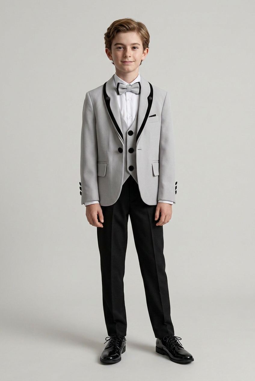 Traje de esmoquin para niños de 5 piezas con cuello chal de terciopelo removible - Gris