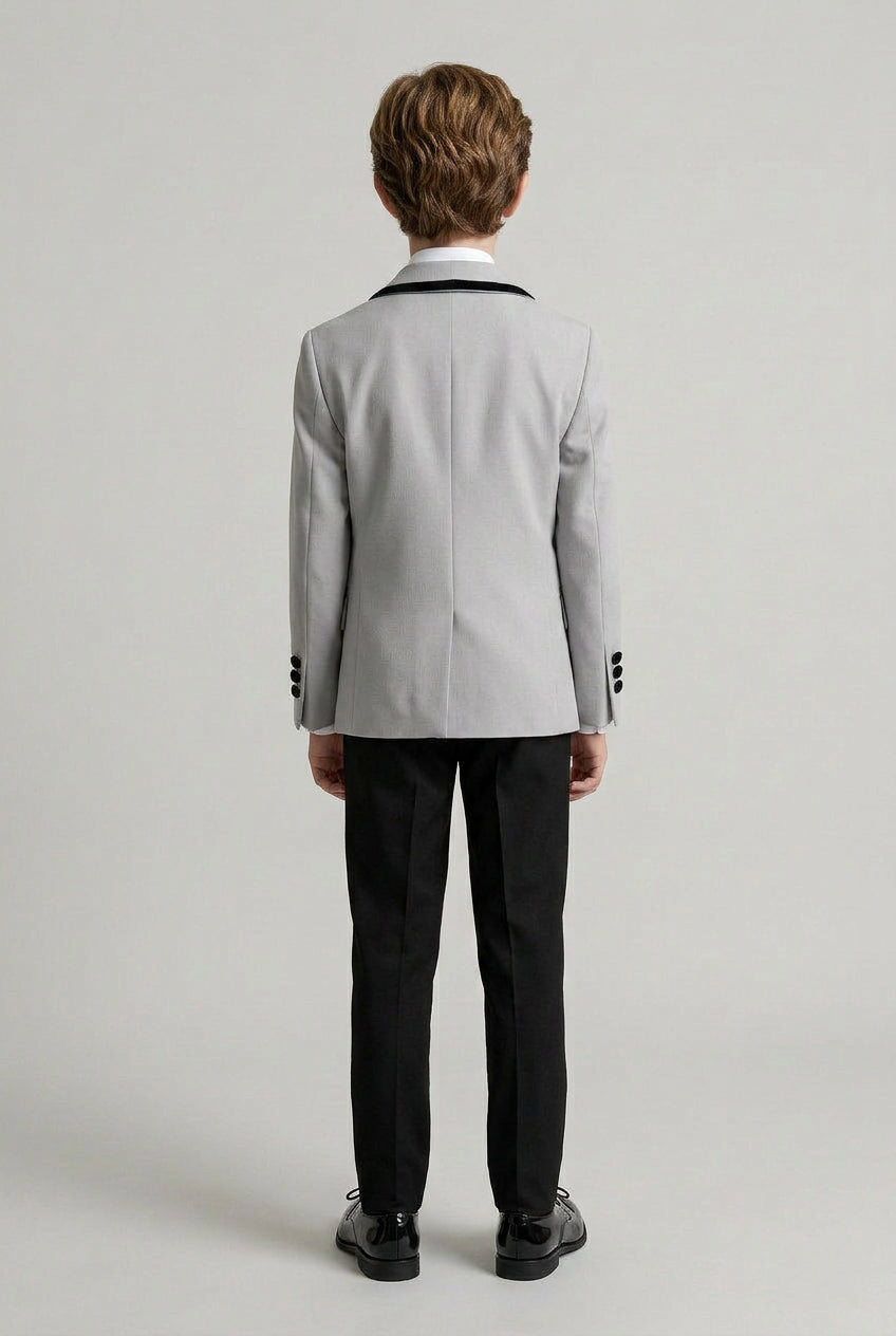 Traje de esmoquin para niños de 5 piezas con cuello chal de terciopelo removible - Gris