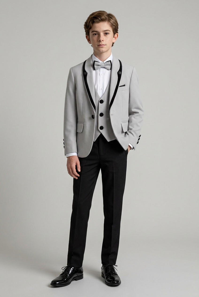 Traje de esmoquin para niños de 5 piezas con cuello chal de terciopelo removible - Gris