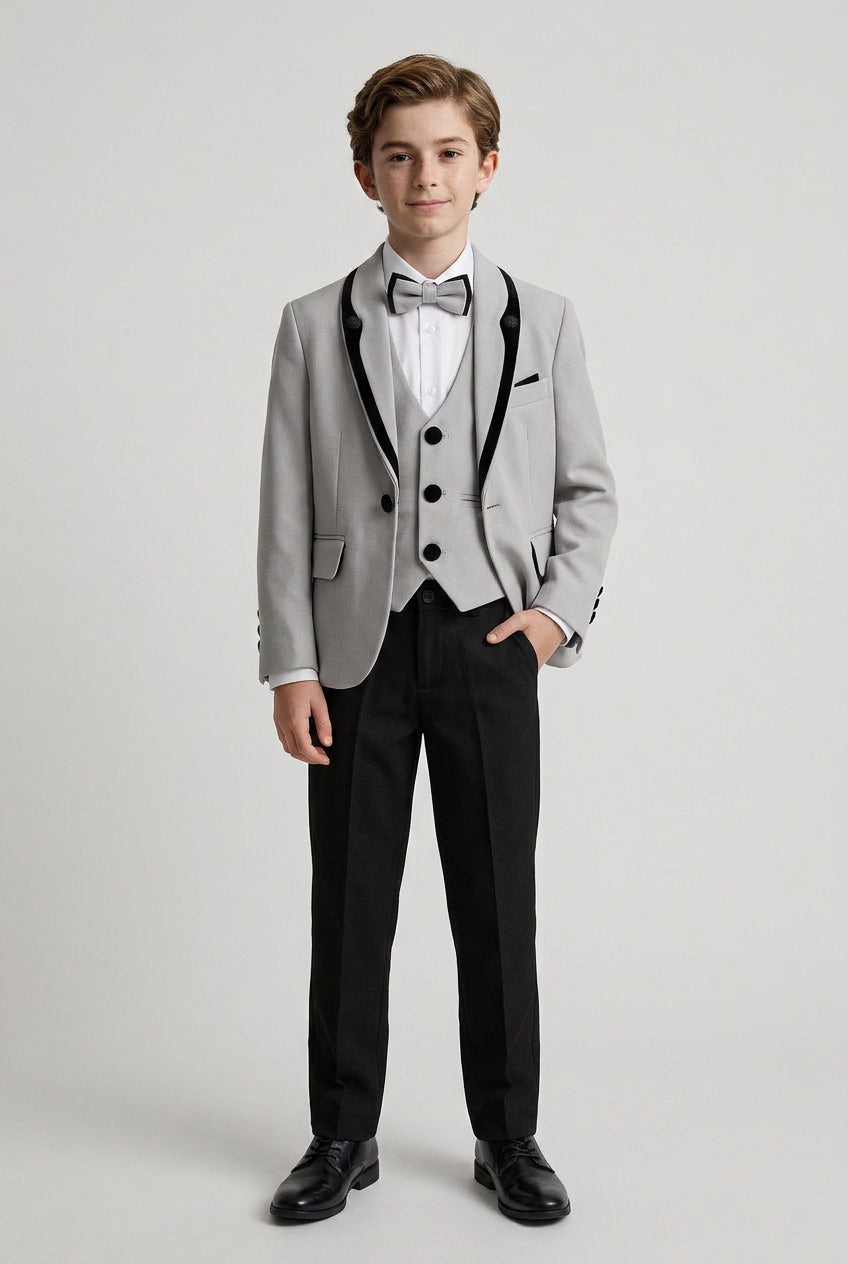 Traje de esmoquin para niños de 5 piezas con cuello chal de terciopelo removible - Gris