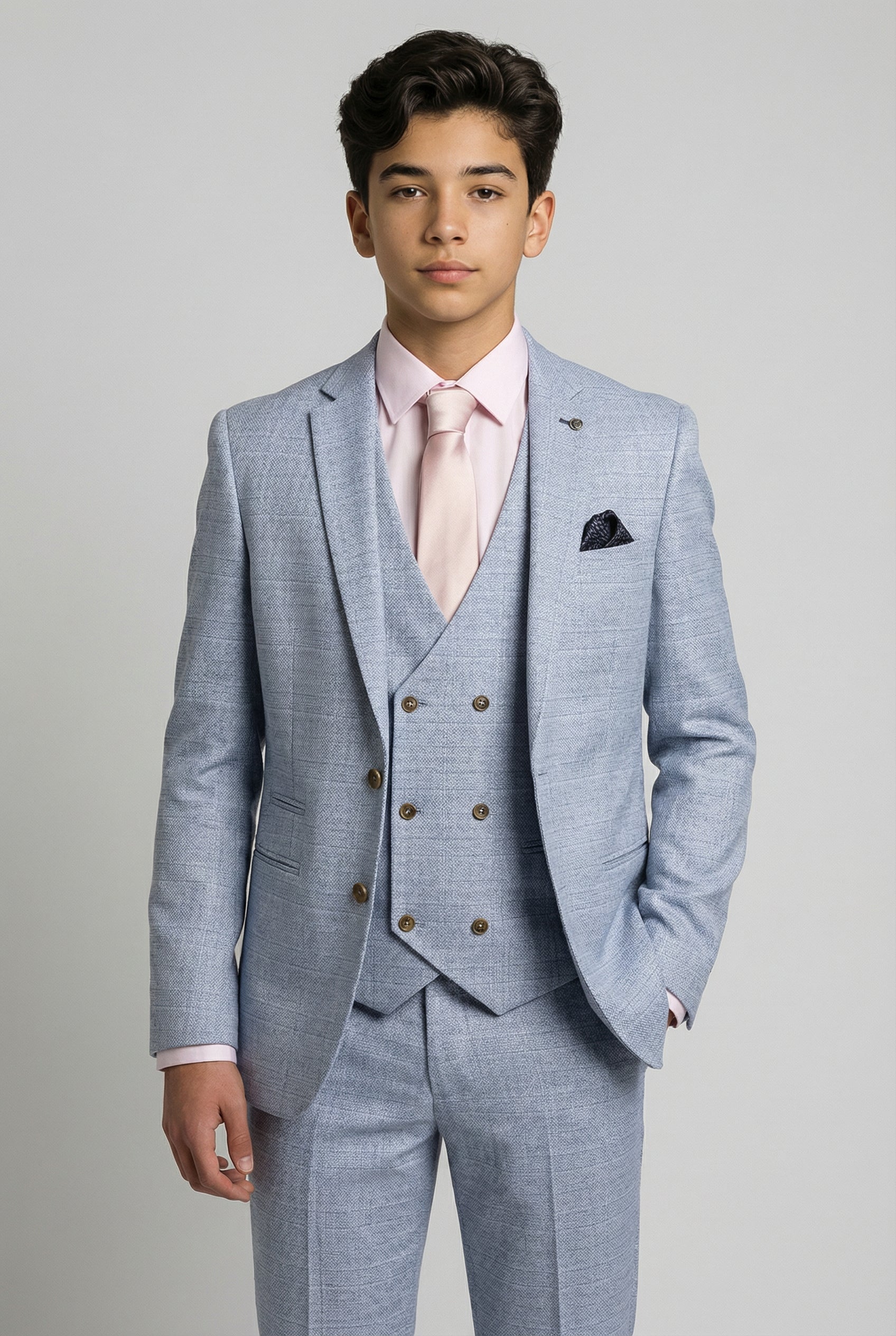 Boys 5-Piece Tweed Like Glen Check Suit - Luis Pale Blue Front Picture