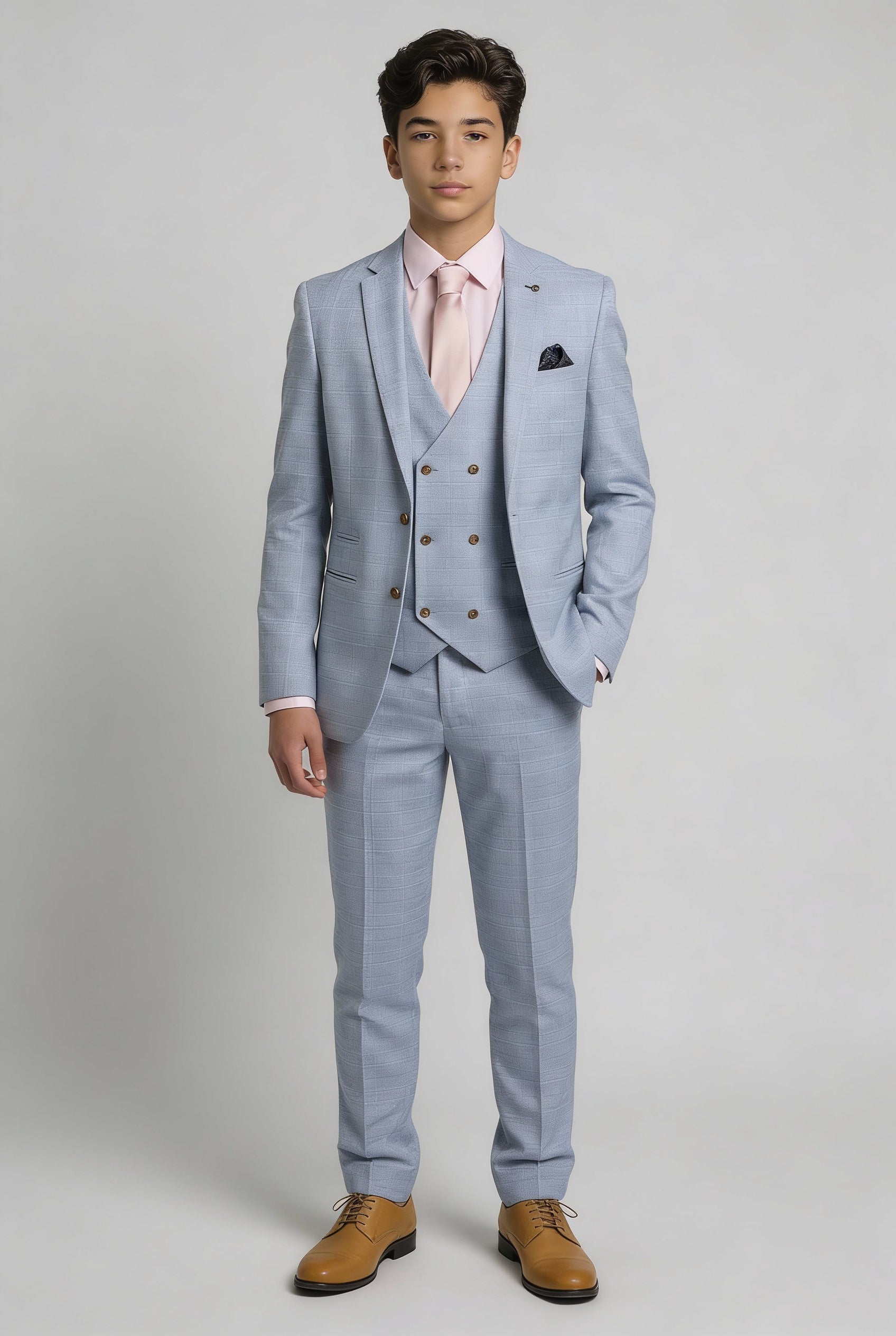 Boys 5-Piece Tweed Like Glen Check Suit - Luis Pale Blue Model Picture