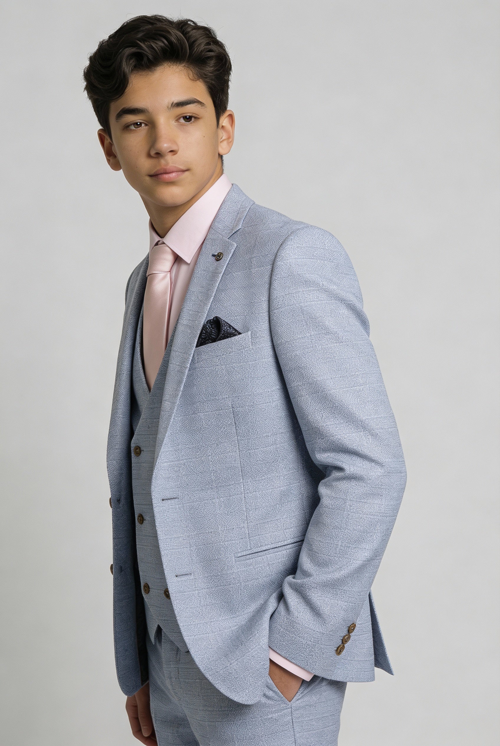 Boys 5-Piece Tweed Like Glen Check Suit - Luis Pale Blue Side Picture