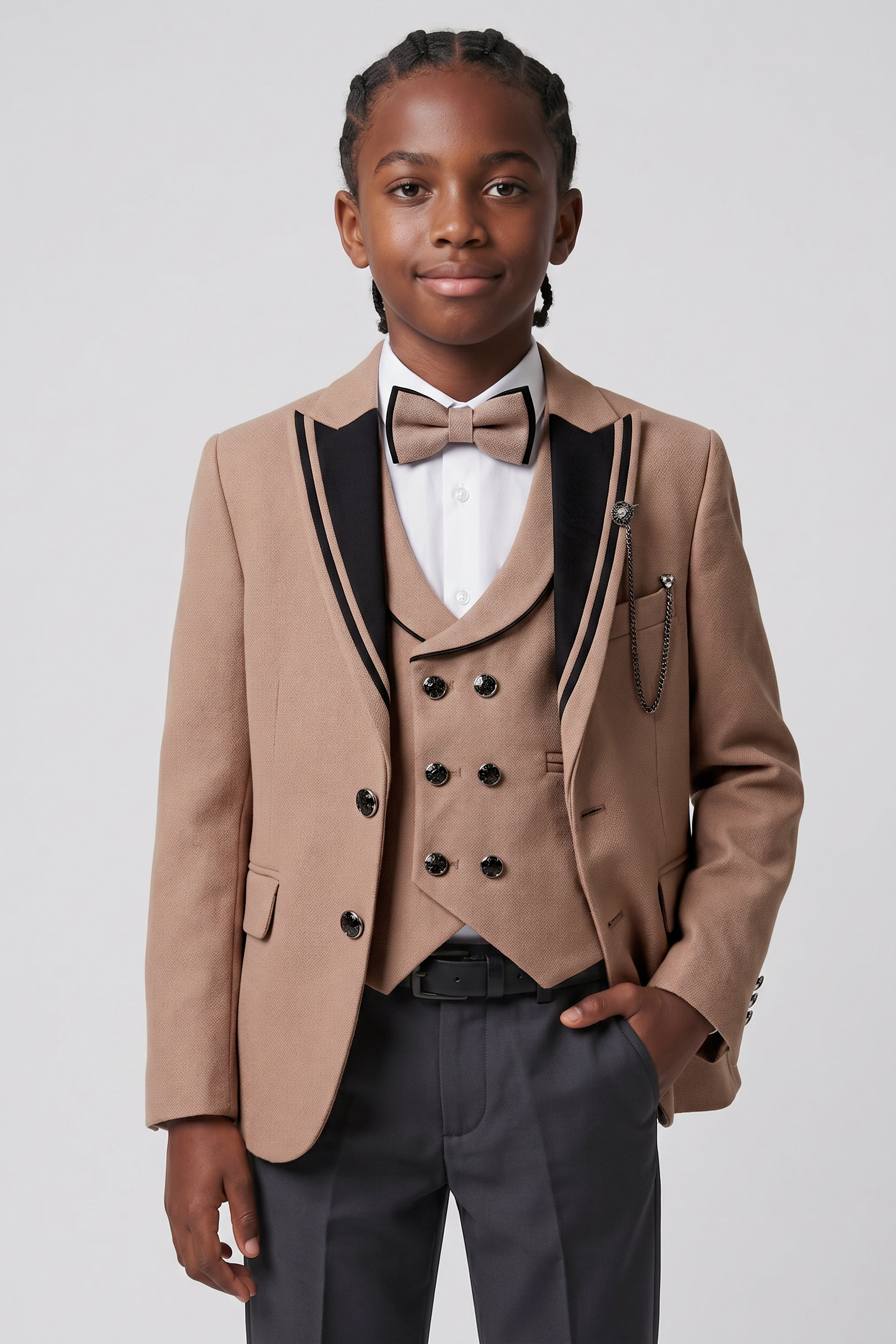 Costume de dîner smoking garçon 6 pièces avec gilet croisé - DAMATLIK W - Marron Camel
