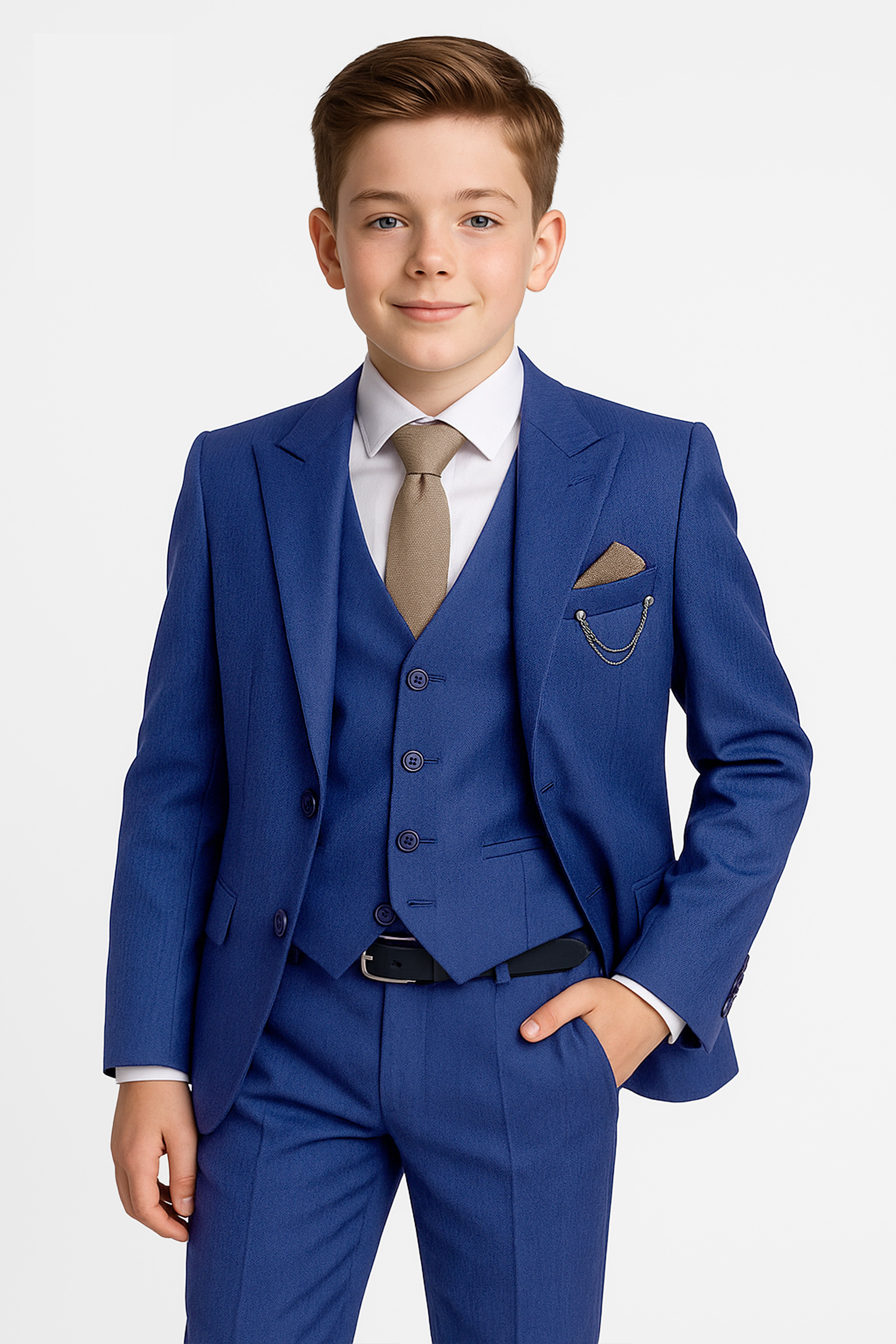 Boys 7-Piece Slim Fit Twill Suit - Midnight Blue Model Picture