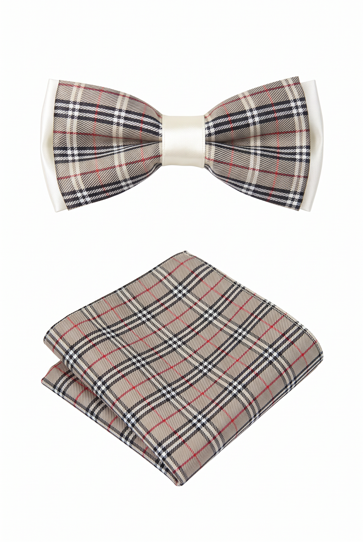 Boys checkered pre-tied bow tie with matching pocket square in beige and black