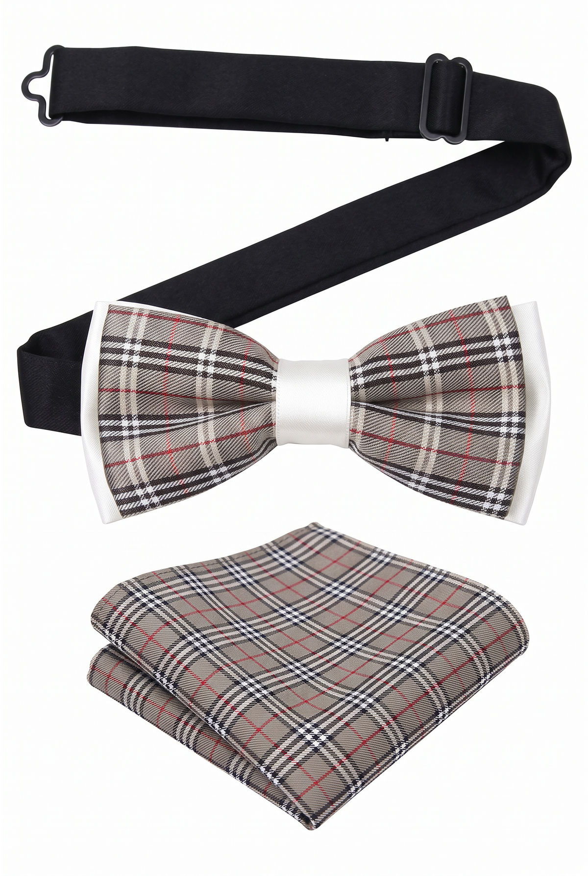Boys checkered pre-tied bow tie and matching pocket square with adjustable neck strap in beige and black