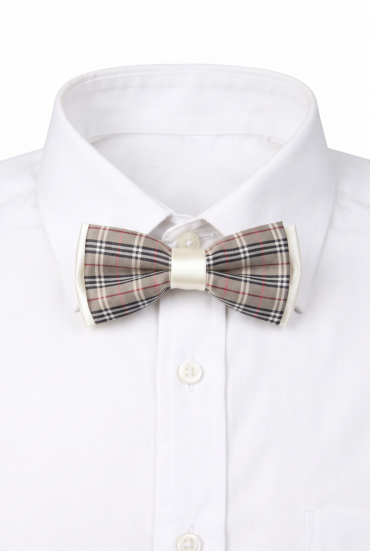 Boys checkered pre-tied bow tie worn with a white formal shirt in beige and black