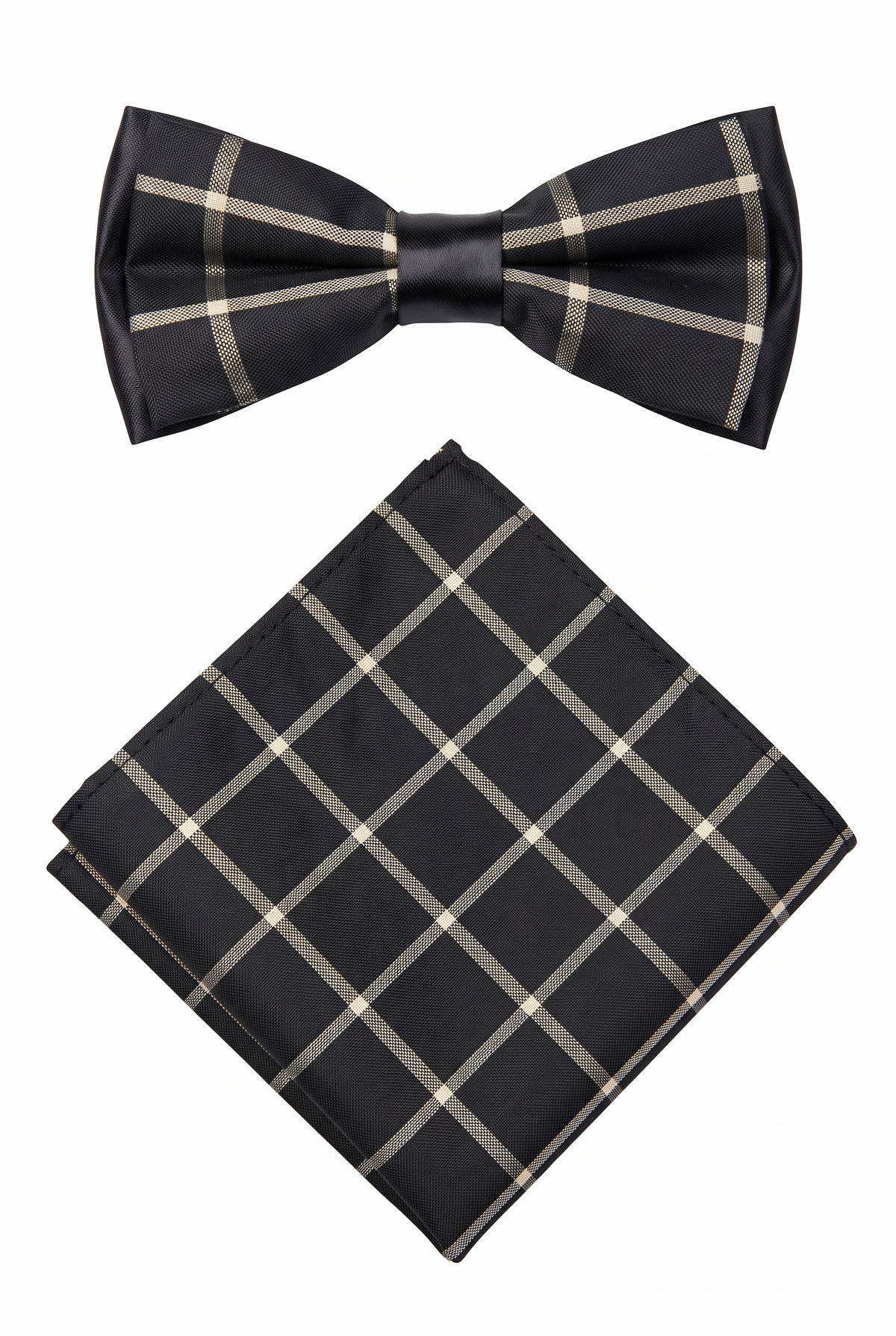 Boys checkered pre-tied bow tie with matching pocket square in black and gold