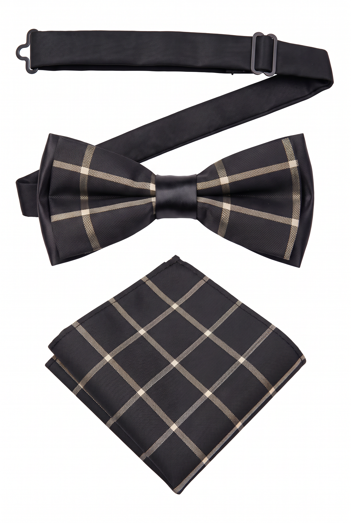 Boys checkered pre-tied bow tie and matching pocket square with adjustable neck strap in black and gold