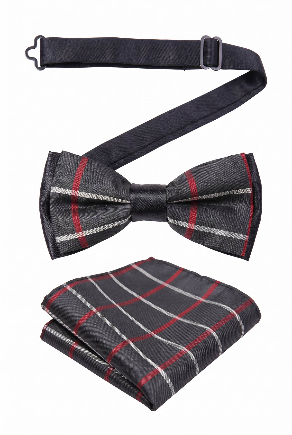 Boys checkered pre-tied bow tie and matching pocket square with adjustable neck strap in black and red