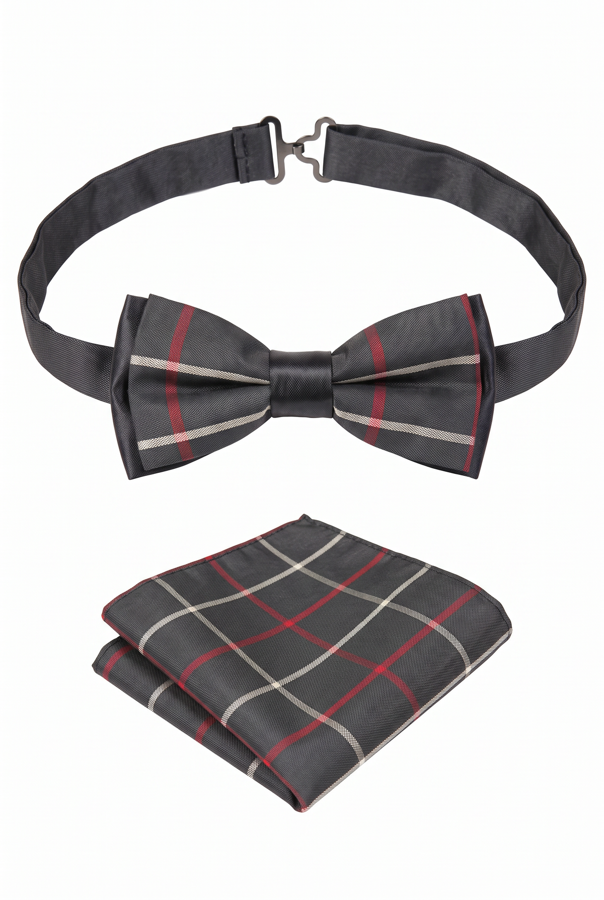 Boys adjustable checkered bow tie with matching folded pocket square in black and red