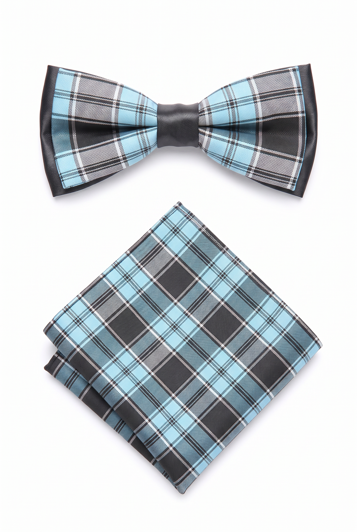 Boys blue and black checkered pre-tied bow tie with matching pocket square