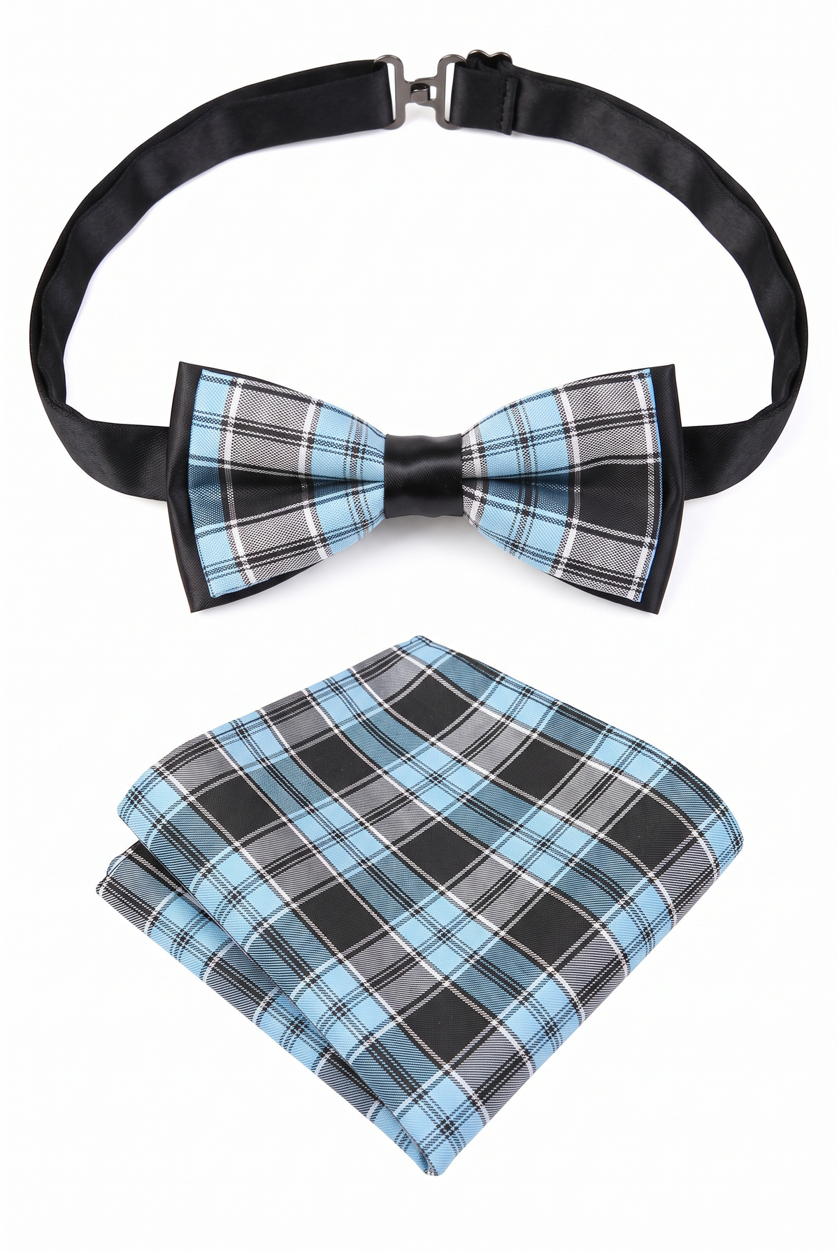 Boys adjustable checkered bow tie with matching folded pocket square in blue and black