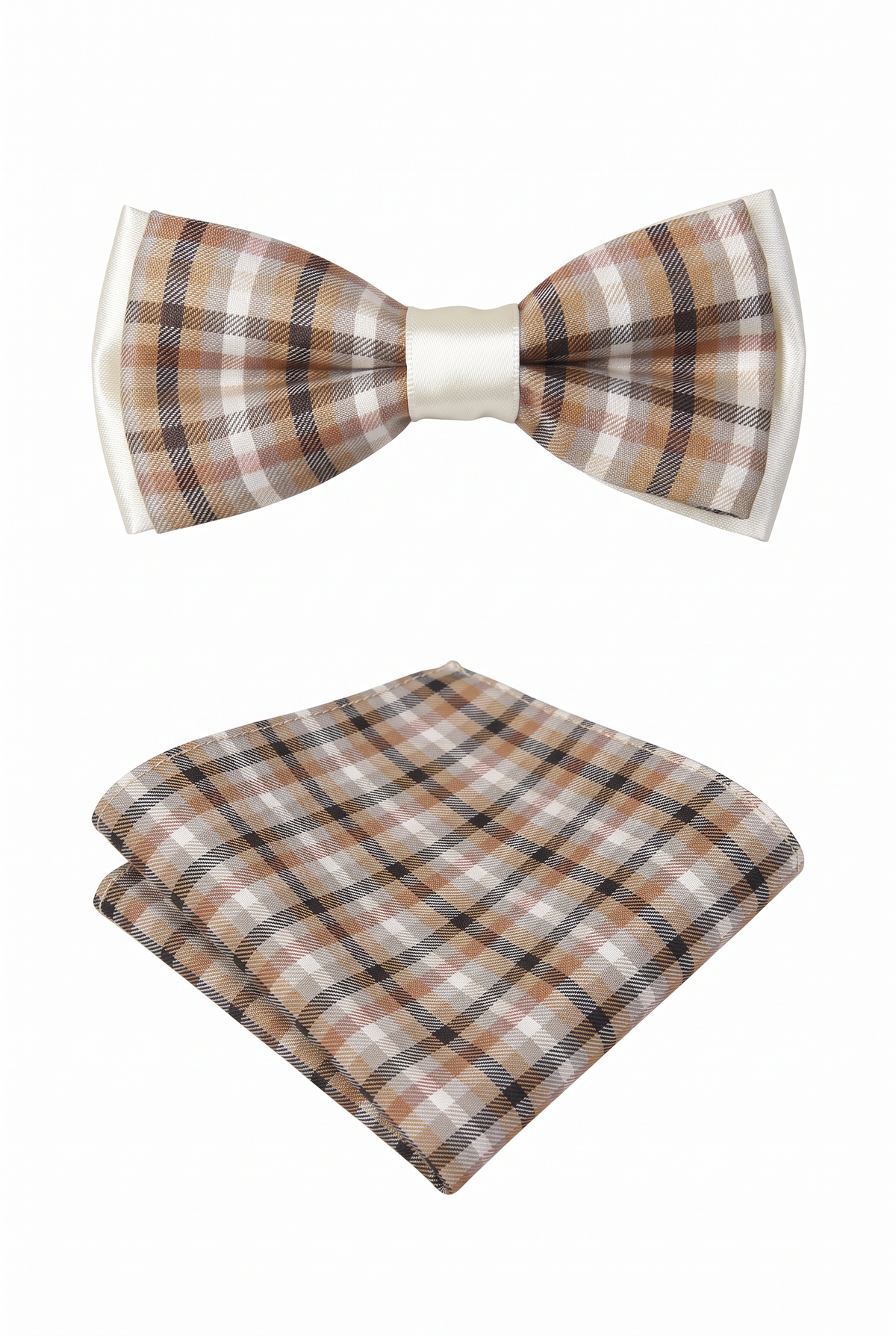 Boys checkered pre-tied bow tie with matching pocket square in brown and white