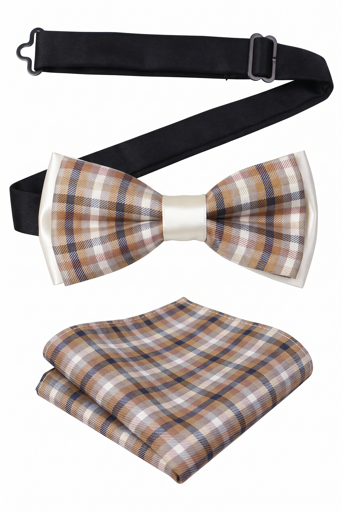 Boys checkered pre-tied bow tie and matching pocket square with adjustable neck strap in brown and white