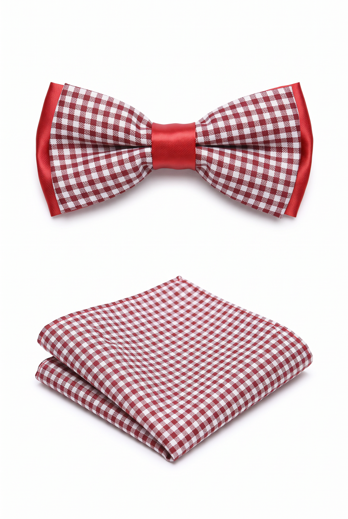 Boys checkered pre-tied bow tie with matching pocket square in burgundy and grey