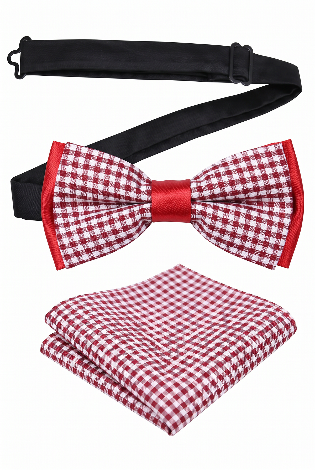 Boys checkered pre-tied bow tie and matching pocket square with adjustable neck strap in burgundy and grey
