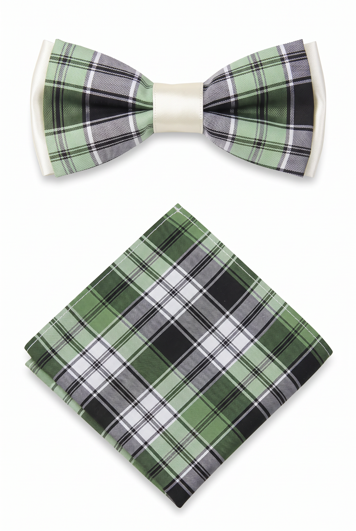 Boys checkered pre-tied bow tie with matching pocket square in green and black