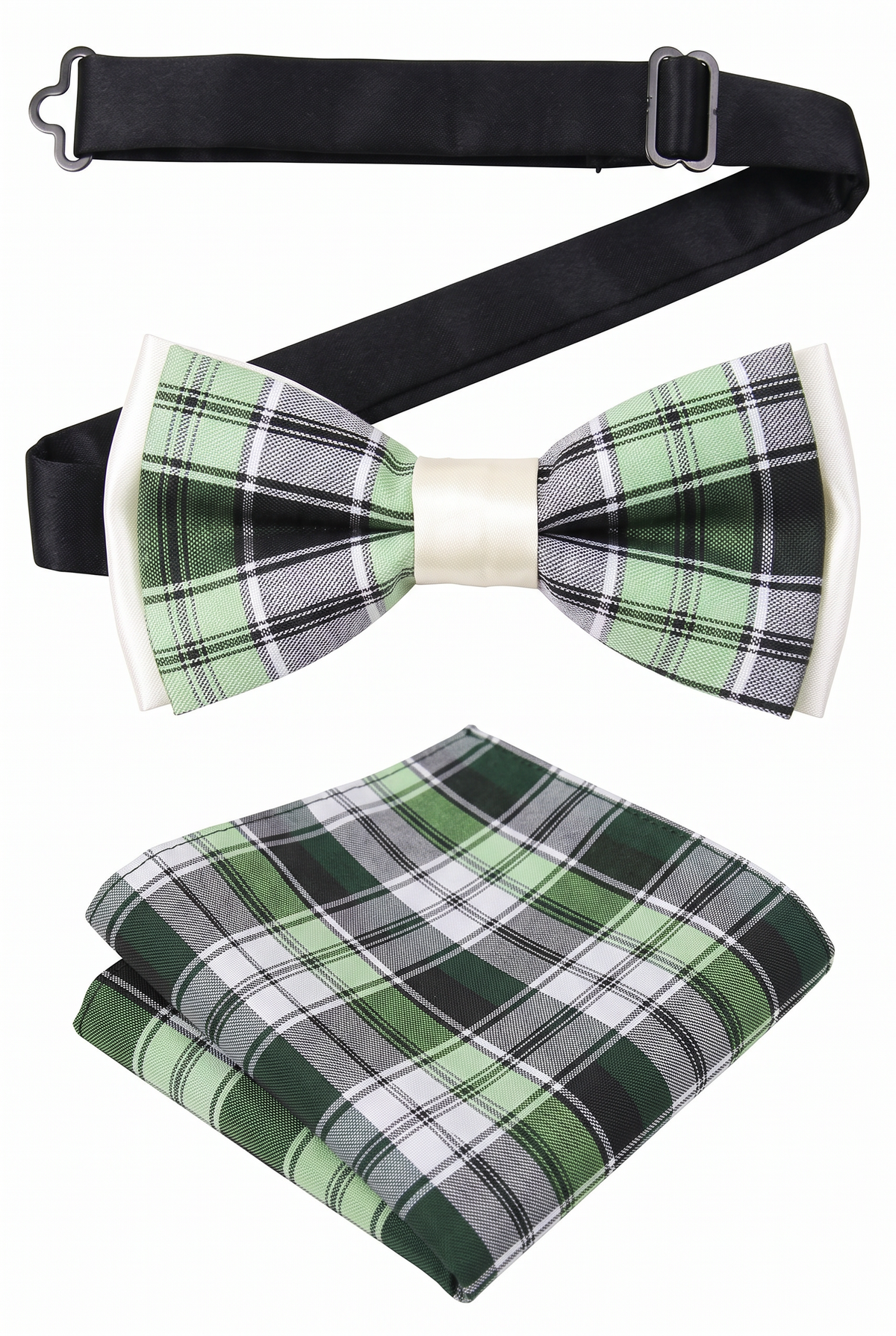 Boys checkered pre-tied bow tie and matching pocket square with adjustable neck strap in green and black