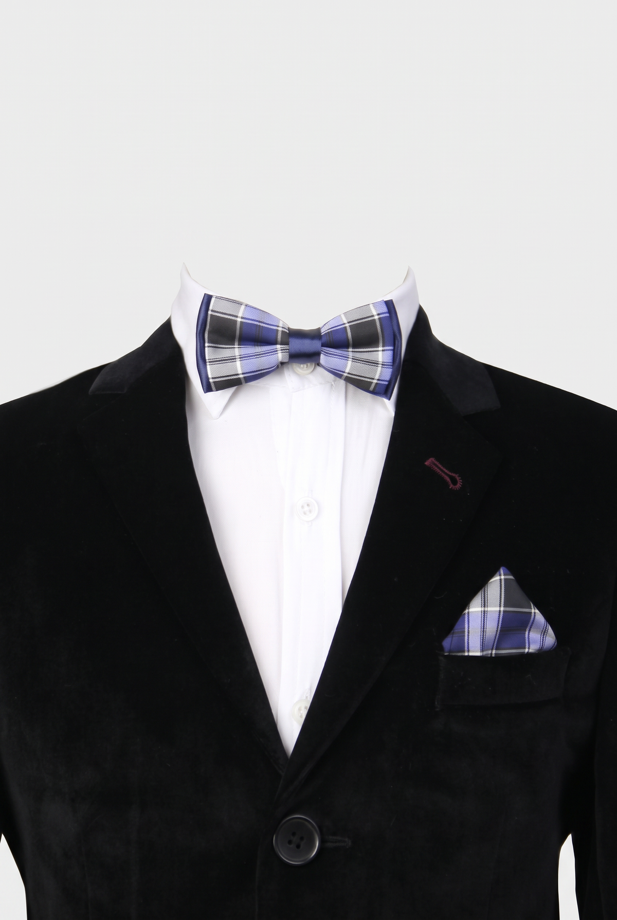 1. Boys checkered bow tie and matching pocket square styled with a formal suit in navy and black