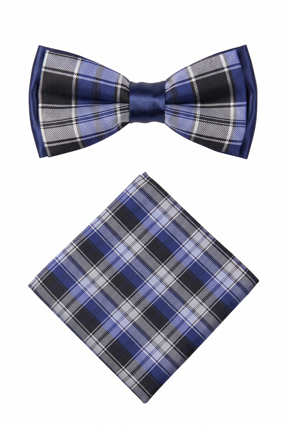 Boys navy and black checkered pre-tied bow tie with matching pocket square