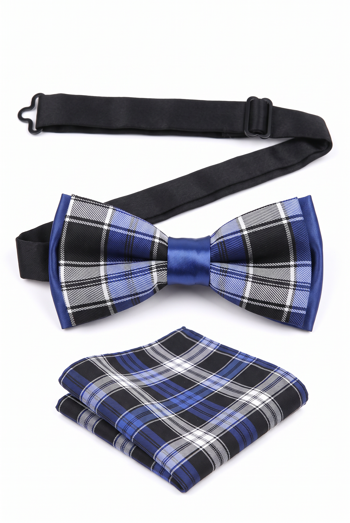Boys checkered pre-tied bow tie and matching pocket square with adjustable neck strap in navy and black