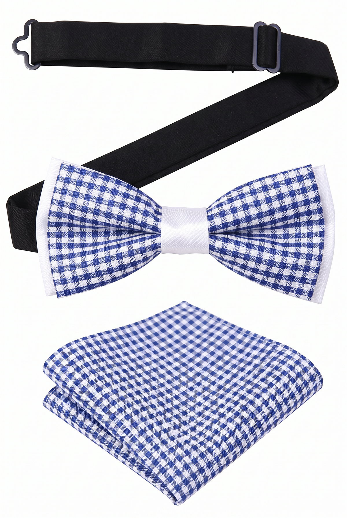 Boys checkered pre-tied bow tie and matching pocket square with adjustable neck strap in navy and white