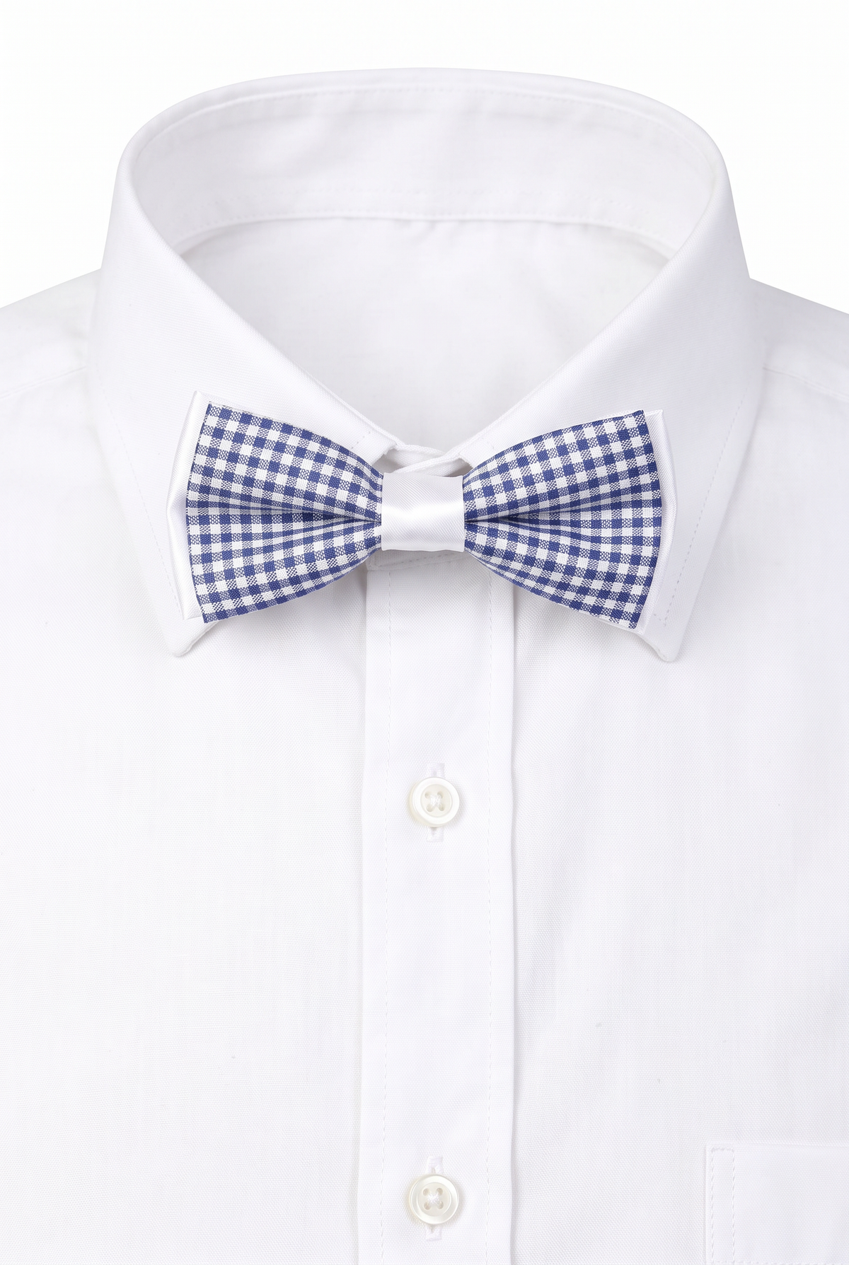 Boys checkered pre-tied bow tie worn with a white formal shirt in navy and white