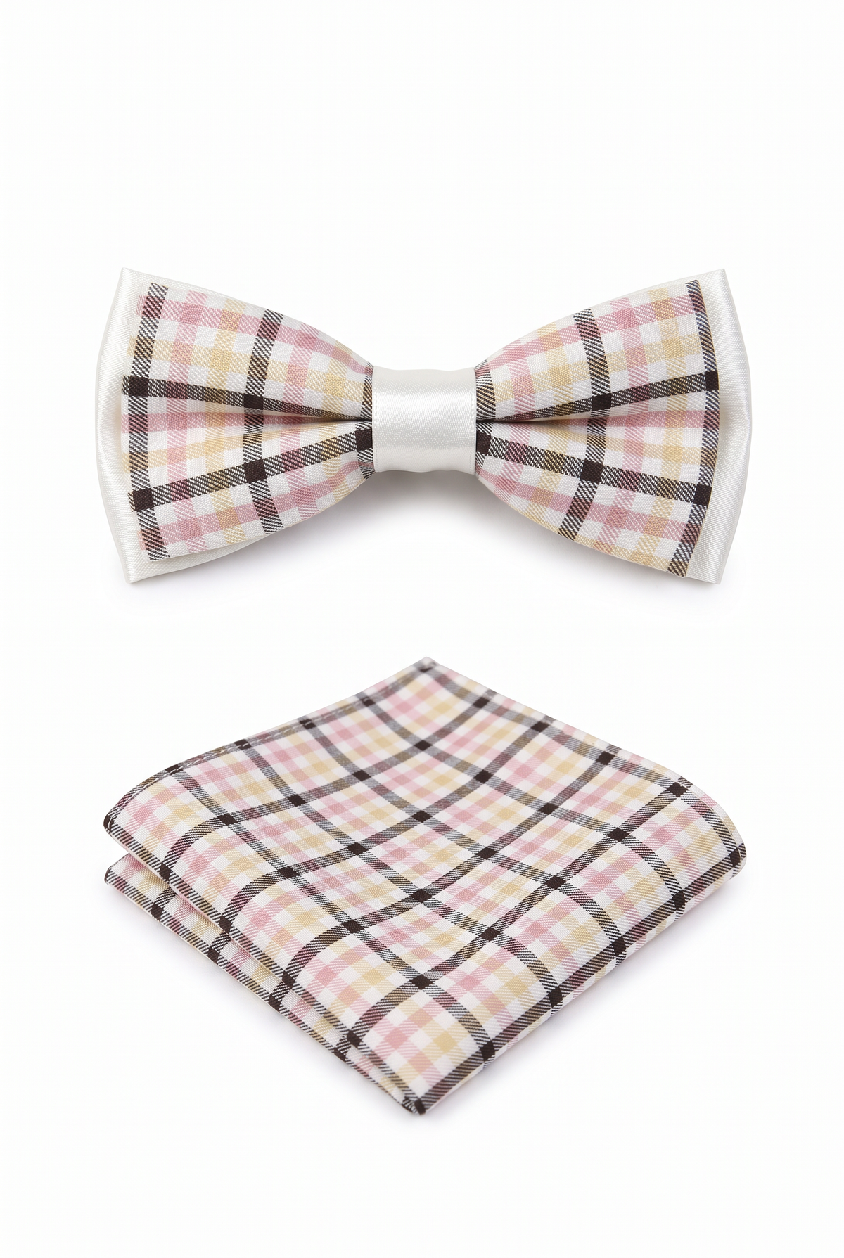 Boys checkered pre-tied bow tie with matching pocket square in pink and black