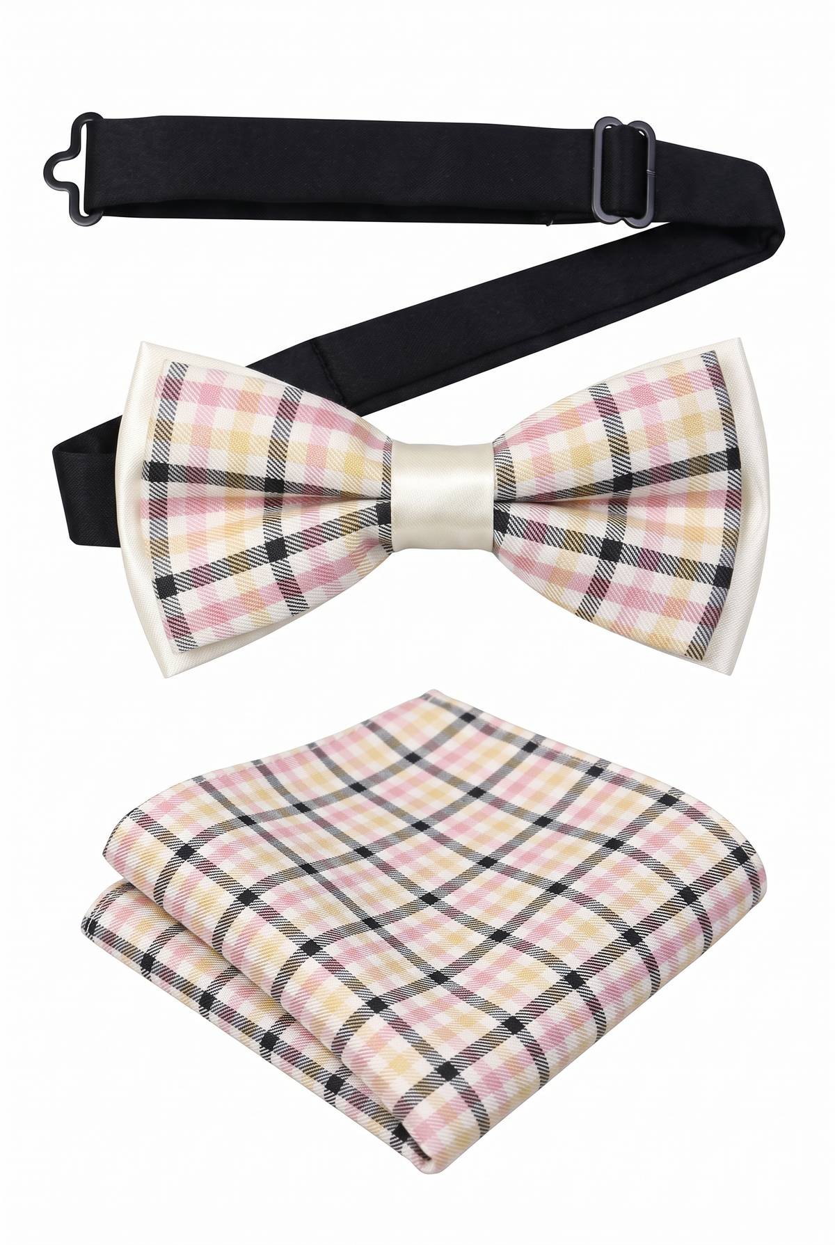 Boys checkered pre-tied bow tie and matching pocket square with adjustable neck strap in pink and black