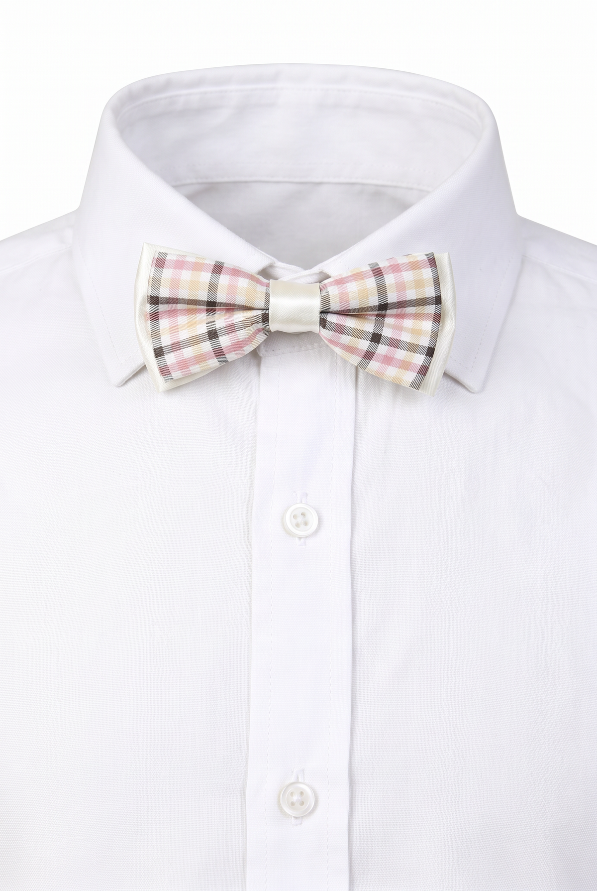 Boys checkered pre-tied bow tie worn with a white formal shirt in pink and black