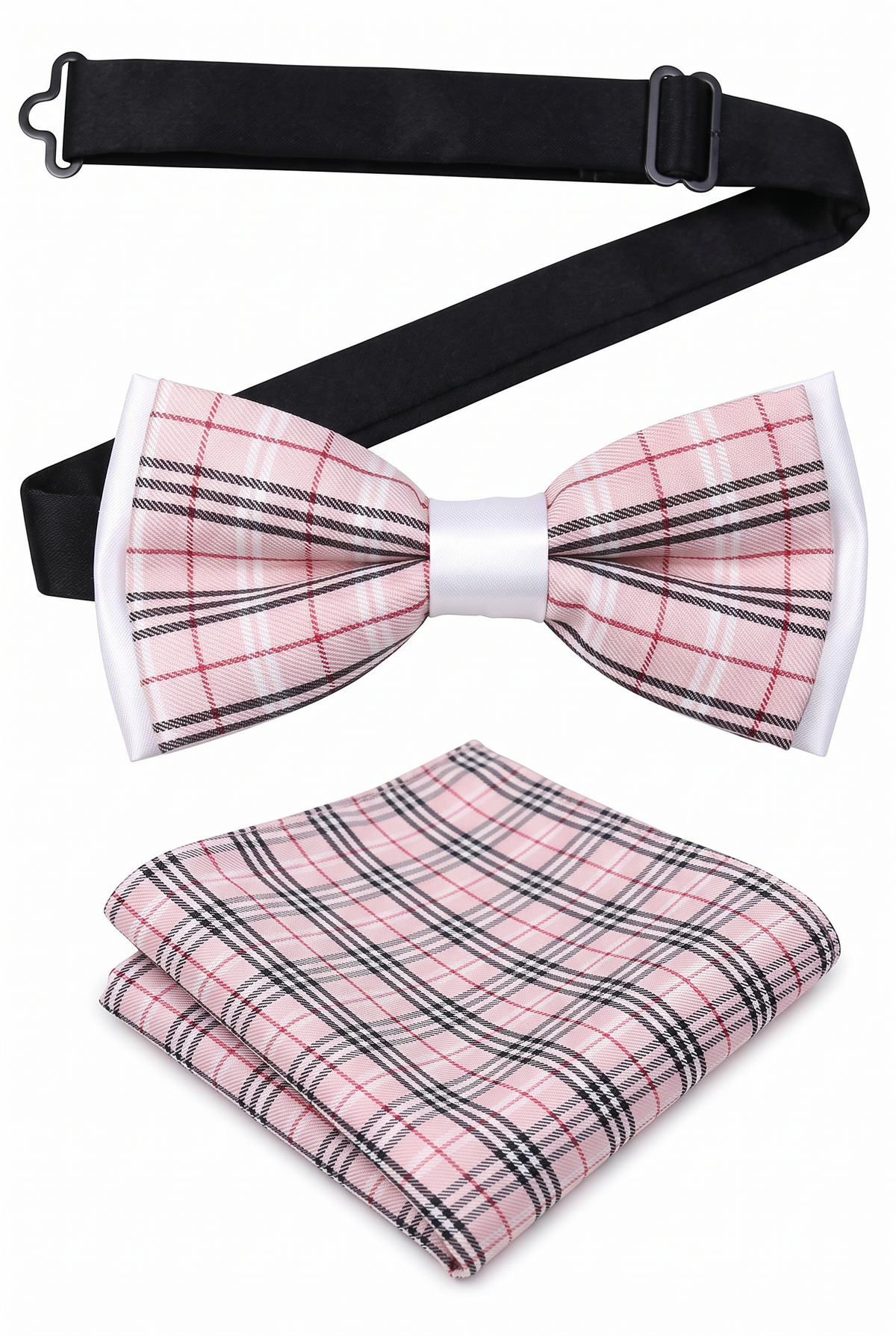 Boys checkered pre-tied bow tie and matching pocket square with adjustable neck strap in pink and red