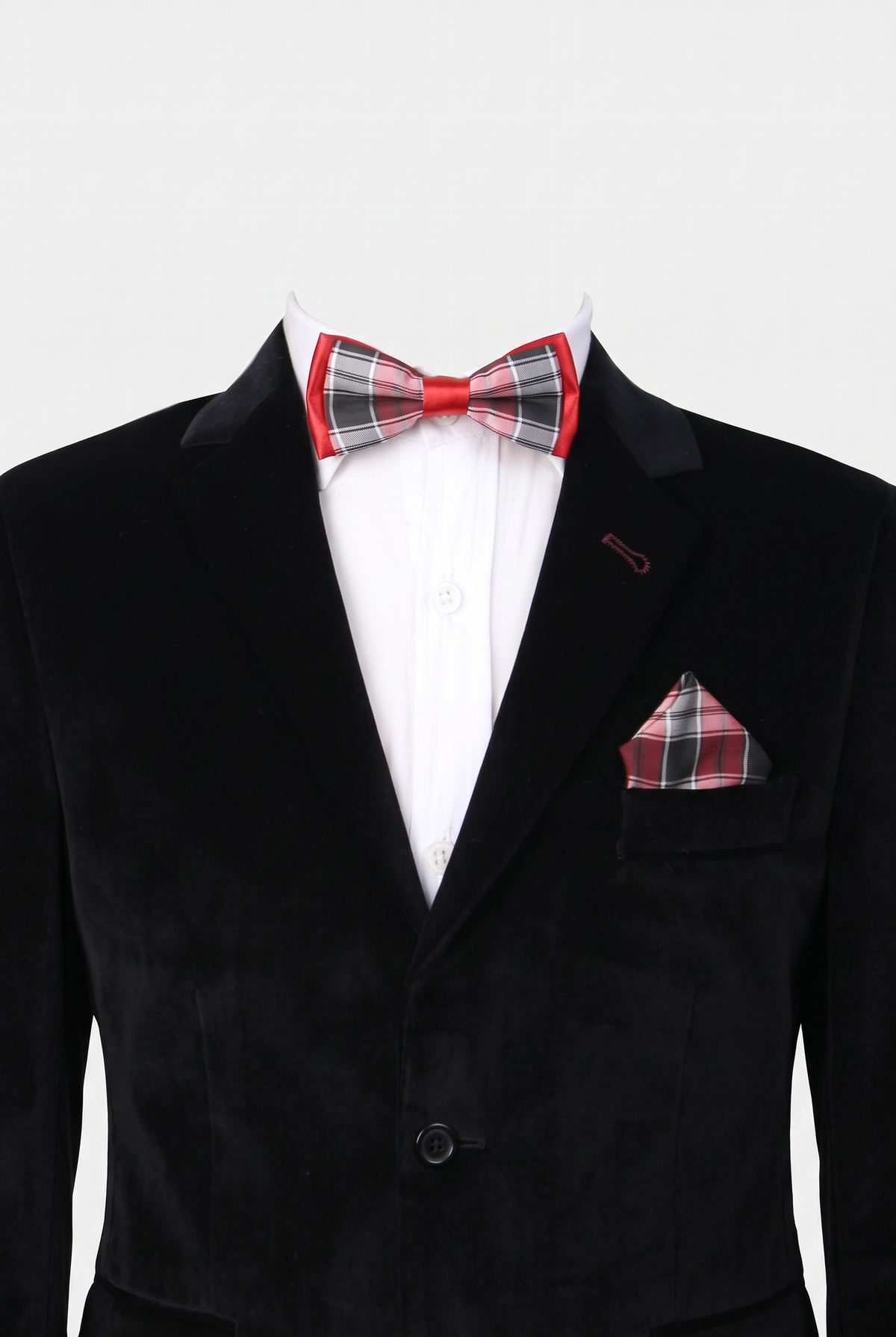   Boys checkered bow tie and matching pocket square styled with a formal suit in red and grey