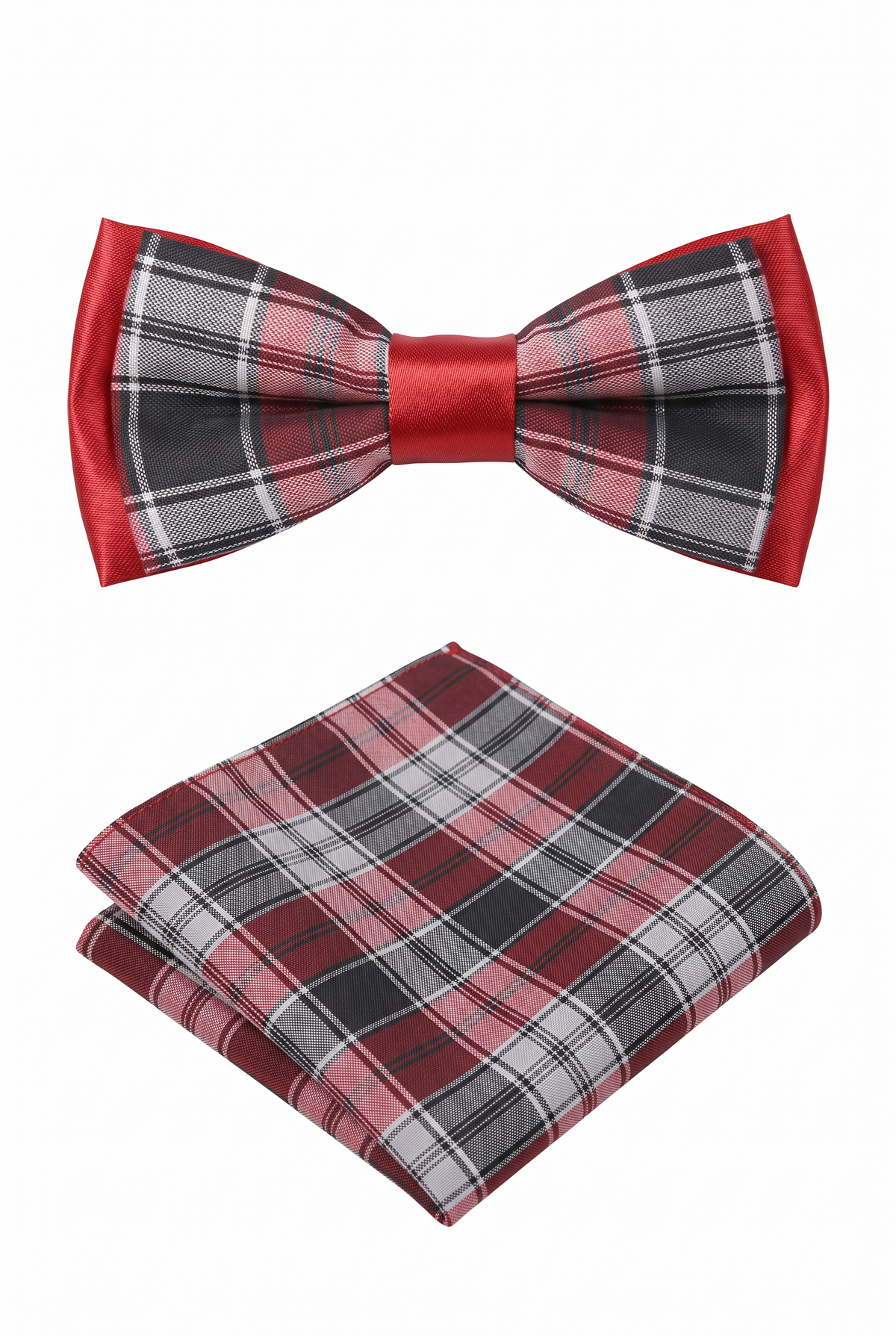 Boys checkered pre-tied bow tie with matching pocket square in red and grey