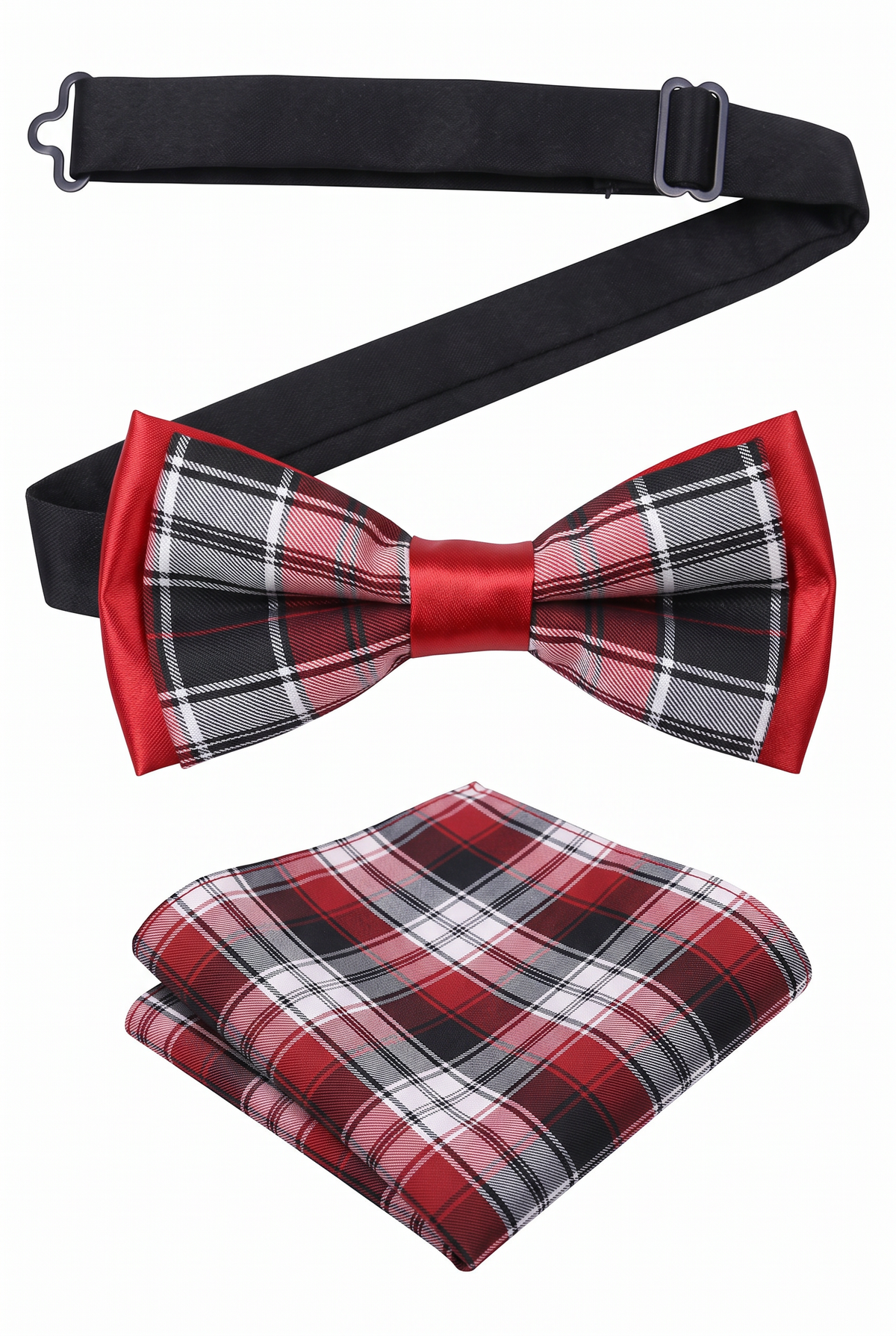 Boys checkered pre-tied bow tie and matching pocket square with adjustable neck strap in red and grey