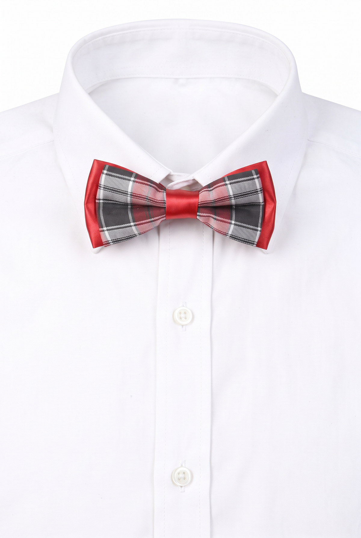 Boys checkered pre-tied bow tie worn with a white formal shirt in red and grey