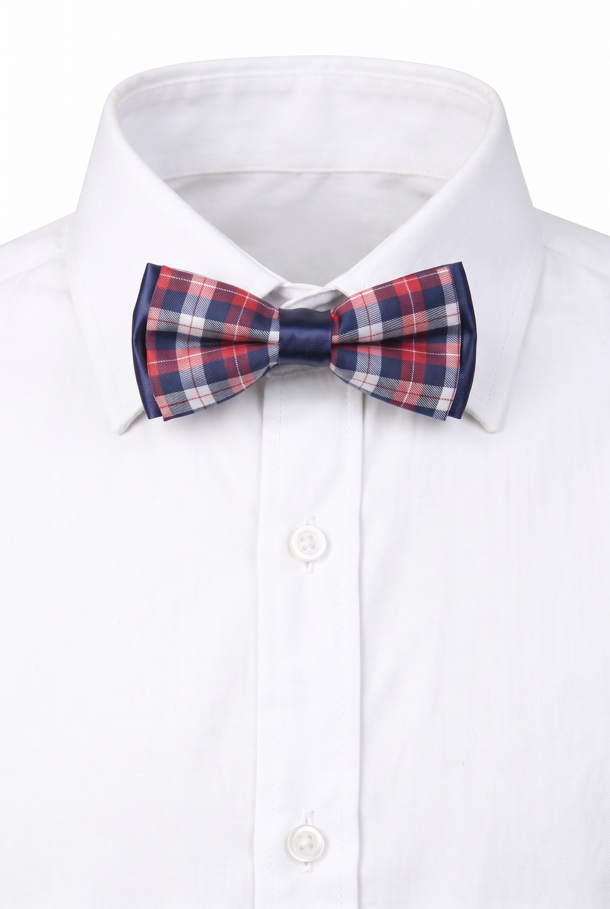 Boys checkered pre-tied bow tie worn with a white formal shirt in red and navy